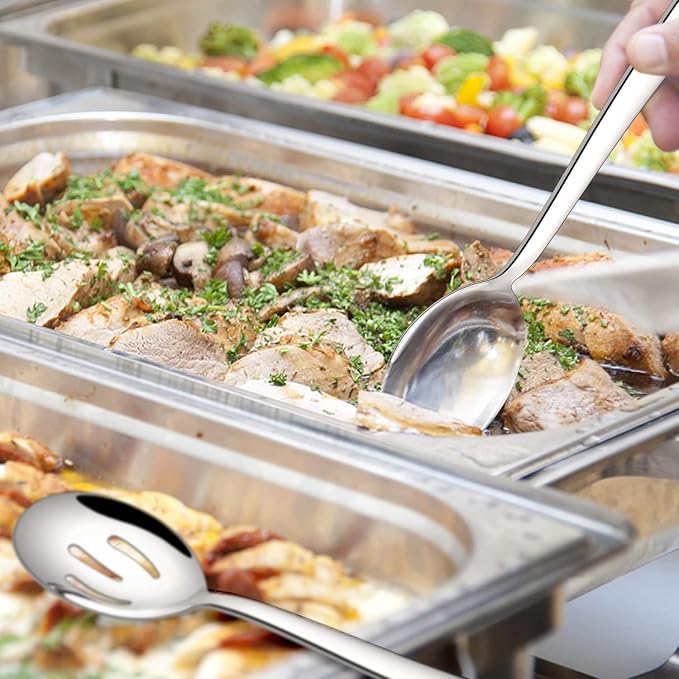 E-far Serving Utensils Set of 6, Stainless Steel Large Serveware Set | 2 Serving Spoons 2 Slotted Spoons 2 Forks for Buffet Parties Catering, Square Handle, Mirror Polished & Dishwasher Safe