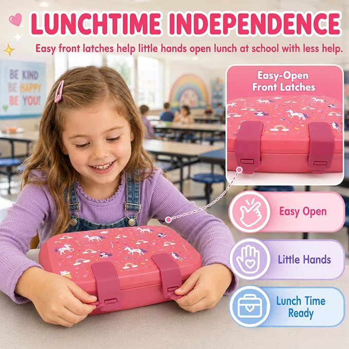 MISS BIG Microwave Safe Bento Box for Kids, Pink Mermaid Unicorn, 800ml | Kids lunch box with 3 compartments for preschool, daycare, school meals, snacks, and everyday kid portions