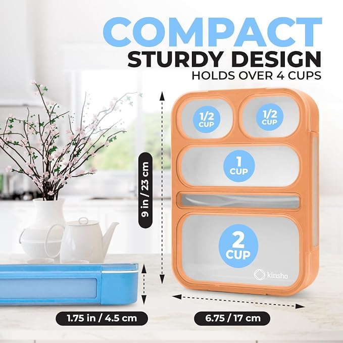 kinsho Bento-Box For Adults Or Kids, Lunch-Boxes Portion Control Container For Women Men Girls Boys | Leakproof Snack Containers For School Bpa Free Utensils 5 Compartments | Blue, Orange