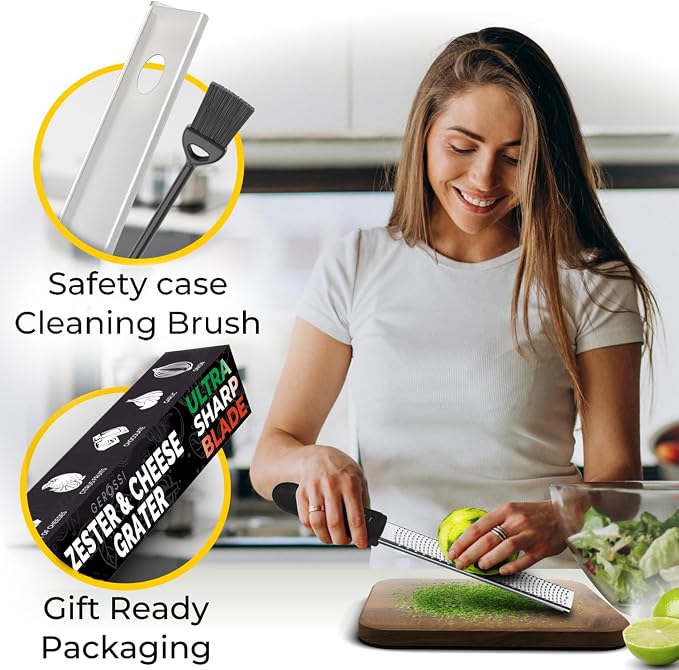 Stainless Steel Cheese Grater & Lemon Zester w/Extra Sharp Blade - Perfect for Lemon, Parmesan, Garlic, Chocolate - Spice Up any Dish in Seconds w/Your Premium Citrus Hand Grater with Handle - Black