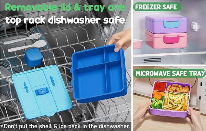 Fimibuke Chill Bento Box for Kids, Toddler Lunch Box with Built-In Ice Pack | Keep Cold Leak Proof BPA Free 4 Compartment Lunch Container with Utensil for Girl Boy School Adult, Microwave Dishwasher Safe