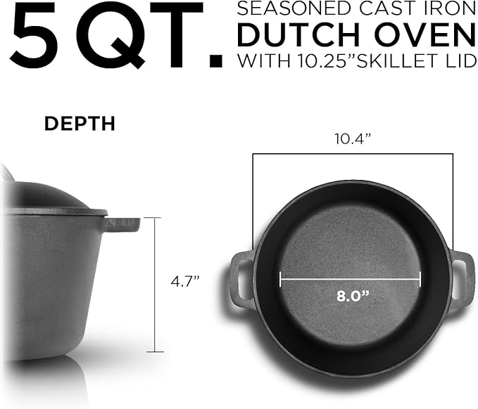 Commercial Chef 5-Qt. Dutch Oven with Lid, Pre-Seasoned Cast Iron, CHFL545 | Integrated Handles, Works on All Cooktops Including Induction, Outdoor Cookware for Campfires or Grills