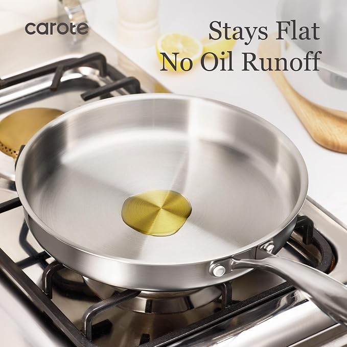 CAROTE 3-Piece Tri-Ply Stainless Steel Frying Pan Set, Skillet Set 8"/10"/12", Induction Compatible, Oven & Dishwasher Safe, Silver Handle