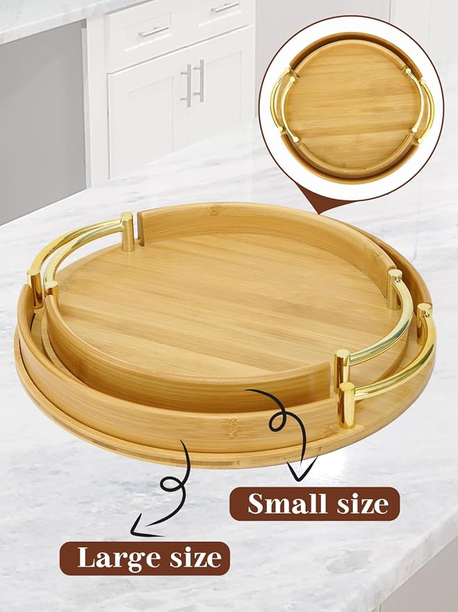 JUPELI 11.8″ Round Bamboo Serving Tray with Handles – Decorative Tray, Breakfast Tray, Coffee Table Tray, Ottoman Tray, Kitchen Platter for Drinks, Snacks, Vanity, Home Decor & Gifts