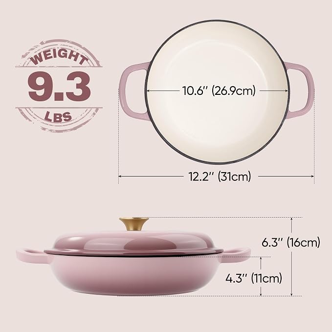 3 Quart Enameled Cast Iron Braiser, Non Stick Enameled Cast Iron Skillet with Lid, Dutch Oven Skillet with lid up to 500°F for Oven, Stove, Grill, Shallow Dutch Oven for Cook, Bake (Pink)