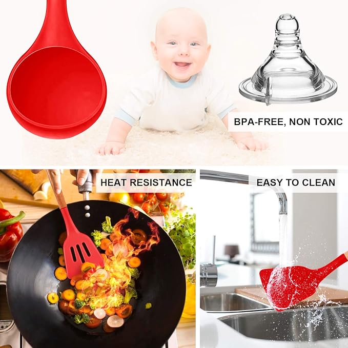 MIBOTE Silicone Cooking Kitchen Utensils Set, Wooden Handle, Red | BPA-Free, Non-Toxic Silicone Turner, Tongs, Spatula, Spoon Set – Great for Nonstick Cookware, Heat-Resistant, Easy Clean