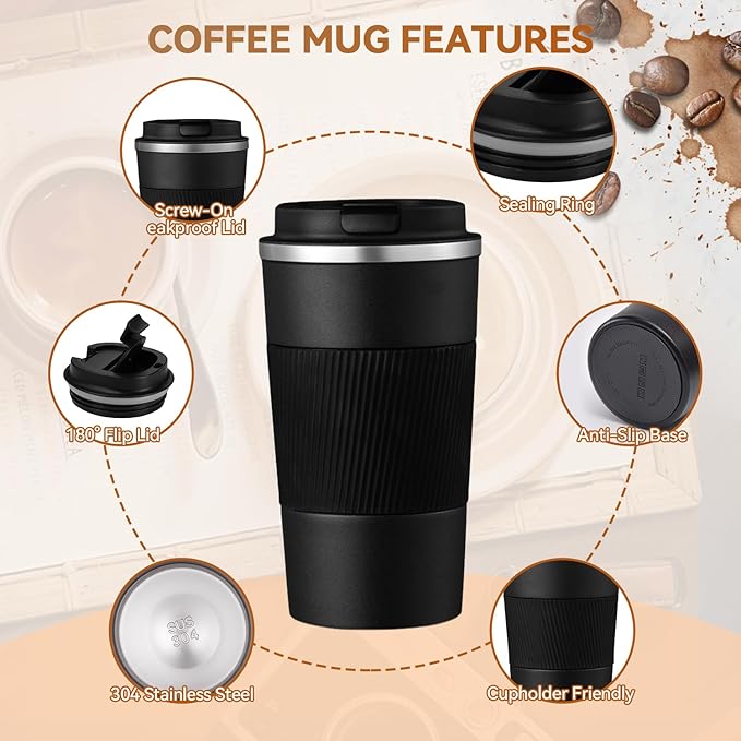 17OZ Travel Coffee Mug Insulated Coffee Cup with Spill Leak Proof Lid, Portable Stainless Steel Tumbler Reusable Hot and Cold Water Mug for Car, Daily, Camping- Black