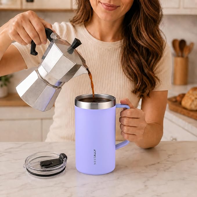 NESTALLY Cozy 20oz Insulated Coffee Mug with Handle & Lid, Lavender | Stainless Steel Double Wall Vacuum Travel Mug for Hot & Cold Drinks, Reusable Coffee Tumbler, Non-Slip Base, BPA-Free