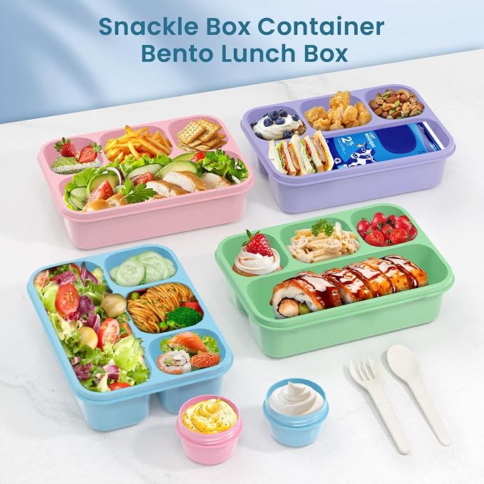 KHOXU Snackle Box Container, 4-Compartment Bento Lunch Box for Kids Women Men Adults, 44Oz/1300ML Meal Prep Boxes Reusable with 2 Sauce Containers & Utensils, 4 Pack (Wheat)