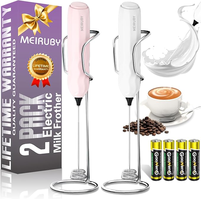2-Pack Milk Frother Handheld with Stand, Valentines Day Gifts for Him and Her, Powerful Electric Coffee Frother, Coffee Lover Gift for Lattes, Cappuccino, Matcha & Hot Chocolate, White/Pink