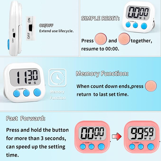 Timer for Kids Digital Kitchen Timers for Cooking- 12 Pack White Pink | Countdown Timer for Classroom Study Exercise Teacher Supplies, Strong Magnetic, Loud Alarm, Large Screen, Fast Reset, Memory