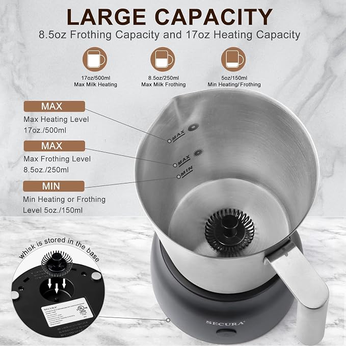 Secura Detachable Milk Frother, 17oz Electric Milk Steamer Stainless Steel, Automatic Hot/Cold Foam and Hot Chocolate Maker with 2 in 1 Function Whisks (Upgraded) | Stainless Steel Jug, Teflon & BPA-Free Design, Dishwasher-Safe, 4-in-1 Foam Maker, Hot ...