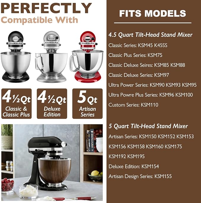 Wood Grain 5 Qt Stainless Steel Mixer Bowl for Kitchenaid Tilt-Head Mixer | 18/8 Stainless Steel, Heavy Duty, Dishwasher Safe, Mixing Bowl and Whisk Attachment for Kitchenaid K45 KSM75 KSM90 KSM150