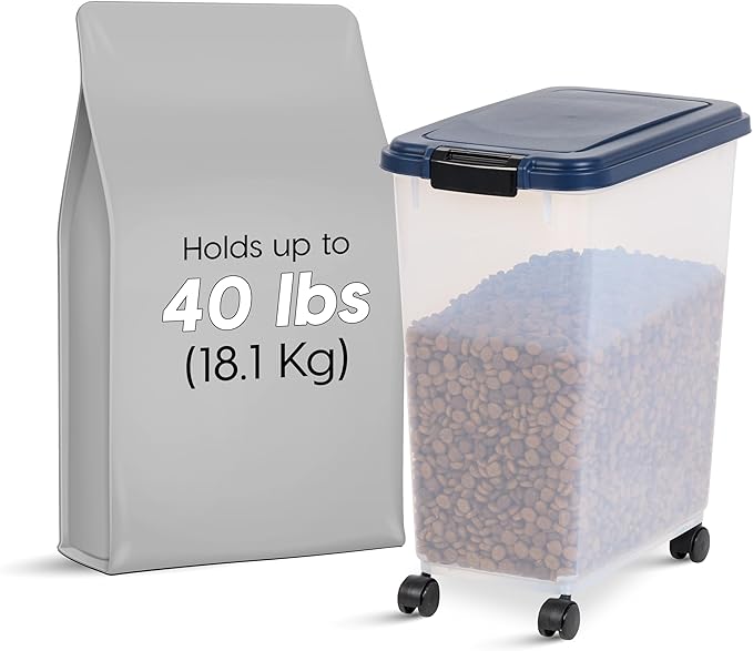 IRIS USA Dog Food Storage Container, Up to 40 lbs, Navy, Made in USA | Wheels for Mobility, Airtight Seal, BPA-Free, Best for Bird Seed, Cat food, Cat Litter, Chicken Feed, Pellets