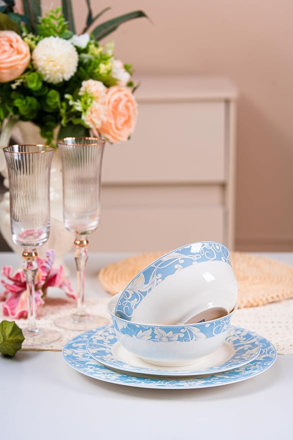 FHGNYSM 12-Piece Porelain Dinnerware Set, Light Blue | 12-Piece Plates and Bowels set, Vitage Scroll Pattern, Elegant Classic Kitchen Dish Set for Wedding, Party & Everyday Use