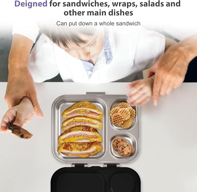 Howeemo Stainless Steel Bento Box Kids, Leak Proof Metal Bento Lunch Box,3 Compartments 304 Stainless Steel Bento Lunch Containers for School and Office, BPA-Free(Black)