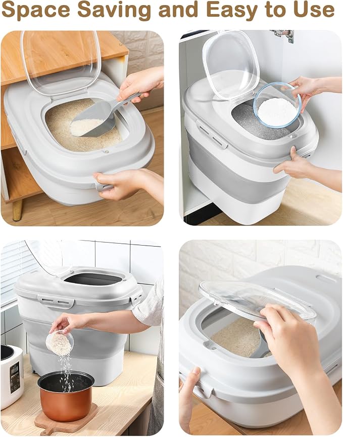 20-50 Lbs Airtight Food Storage Container Wheels,Collapsible Rice Container | Flour Storage Container with Double Airtight Seal,Rice Storage Container with Magnetic Lid,Keep Fresh for Pet Food,Rice,Flour