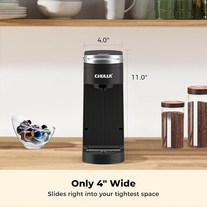 CHULUX Slim Single Serve Coffee Maker for K Cup, Fast Brewing, Matte Black | Rapid-Heating Boiler Tech, 4-Hole Needle for Richer Flavor, Adjustable Drip Tray for 7.3" Travel Mug, Food Grade Material