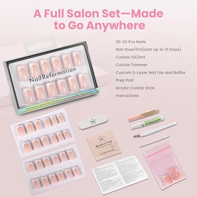 Nail Reformation Press On Nails, High Society Pink Short Coffin Fake Nails | Shimmer White French Tip, Glossy Reusable Stick On Nails Kit - 32 Pcs in 16 Sizes with Glue, Manicure Gifts for Women