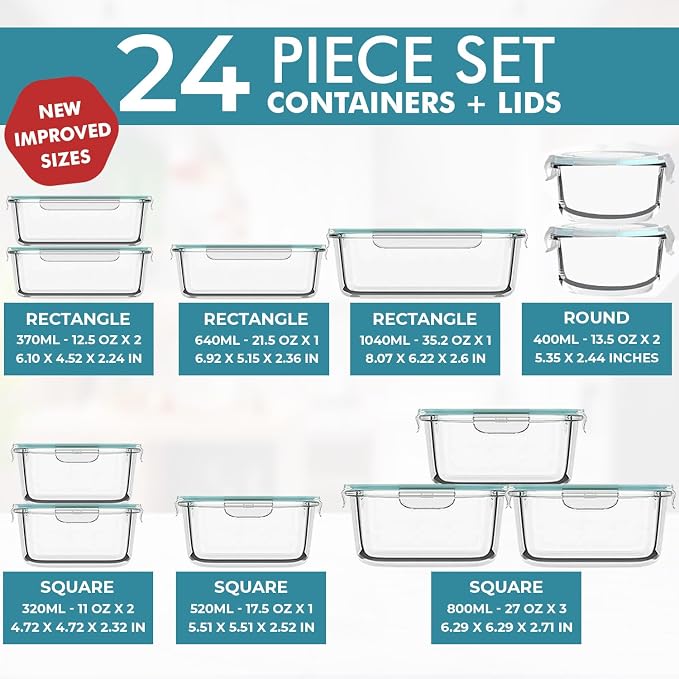Razab 24 Pc Airtight Glass Food Storage Containers - Glass Meal Prep Containers - Freezer to Oven Safe - Steam Release Valve BPA Free - Airtight Bento Boxes - Leak Proof (12 lids & 12 Containers)