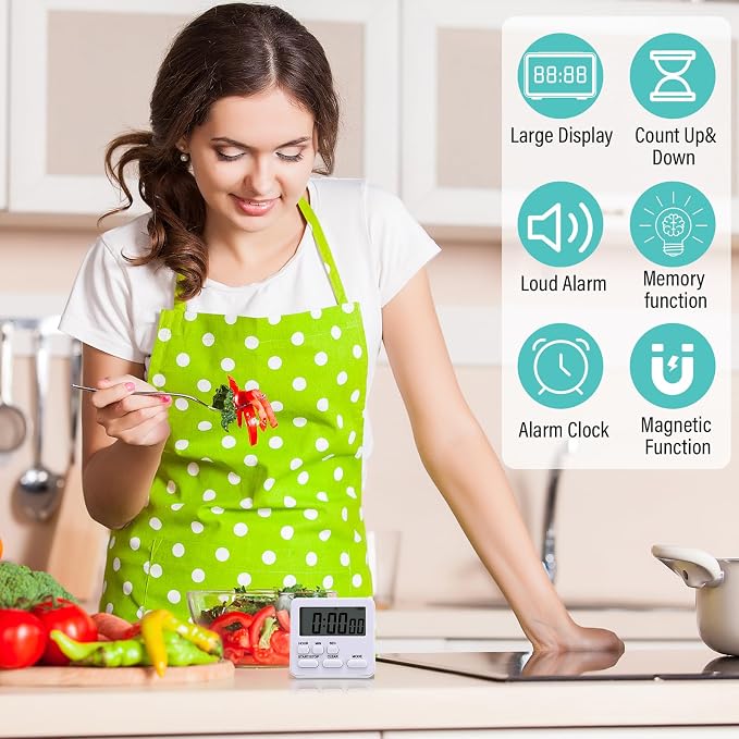 Leumoi 2 Pcs Digital Kitchen Timer 24 Hour Clock and Alarm Function Timer On/Off Switch Minute Second Count up Countdown Loud Alarm for Exercise Cook Baking(White)
