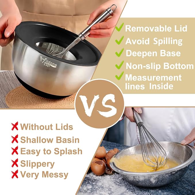 Wildone Mixing Bowls with Airtight Lids, Stainless Steel Nesting Bowls Set | Metal Bowls with 3 Grater Attachments, Non-Slip Bottom, Size 5, 4, 3, 2, 1.5, 1, 0.63QT, Include Utensil Set for Prep, Black