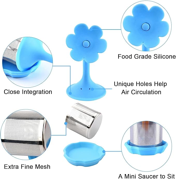 Flower D 4-Pack Silicone Tea Strainers - Extra Fine Mesh Infusers with Silicone Lid for Loose Leaf/Herbal Tea
