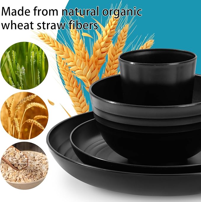 32-Piece Black Wheat Straw Dinnerware Sets, Unbreakable Dish Sets | Durable plastic dishes and reusable plates set for kitchen, ideal for camping, parties, RVs, and everyday family dinners.