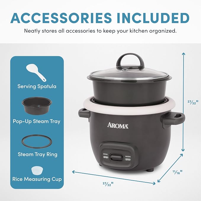 AROMA CoreCoat™ Mini Rice Cooker (3 Cups Cooked) with Nonstick Ceramic Pot Coating, Glass Lid, and Pop-Up Steamer Tray, 0.8 Quart