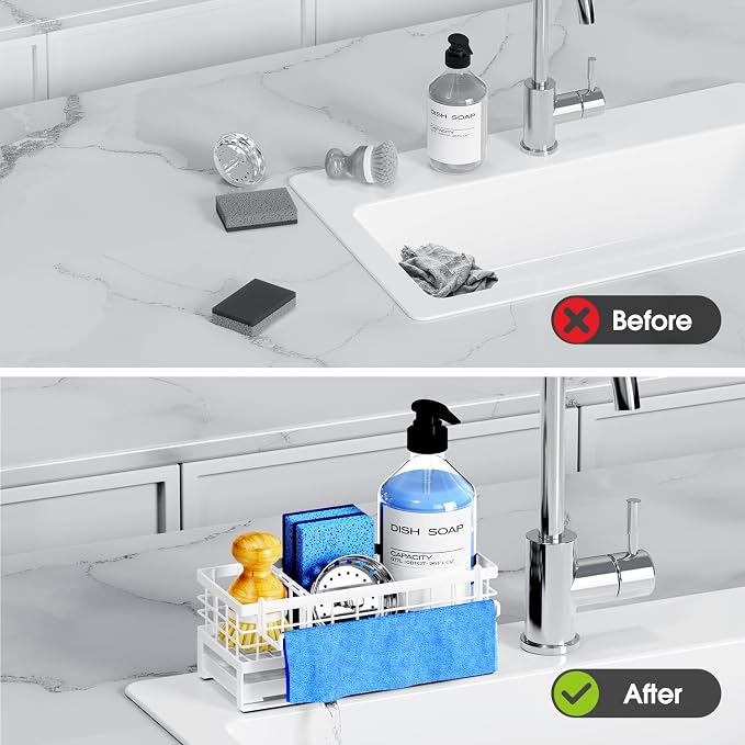 Kitchen Sink Sponge Holder - Self-Draining, Detachable Dish Cloth Holder, Rustproof Kitchen Countertop Organizer (White)
