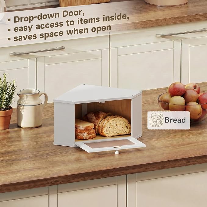 Corner Bread Box For Kitchen Countertop,Bread Storage Bin (White, Medium) | Small Bamboo Bread Container,Corner Shelf For Kitchen Decor