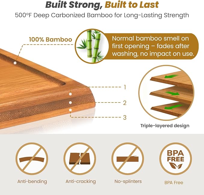 Bamboo Cutting Board for Kitchen, Double-Sided with Stand, Brown | 3-piece Chopping Board Set With Juice Grooves, Vertical Storage Rack, and Comfort Side Handles for Effortless Meal Prep