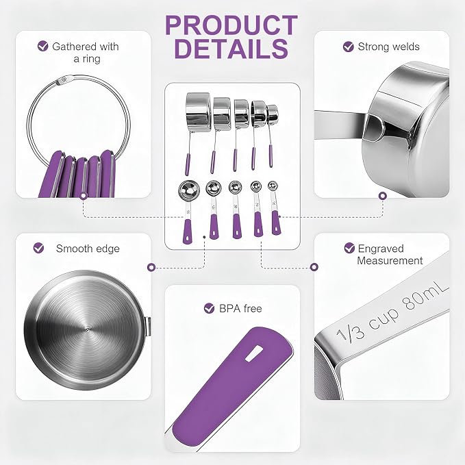 Bopei Measuring Cups and Spoons Set Stainless Steel 10 Piece for Cooking and Baking (5 Cups + 5 Spoons, Purple Handle)