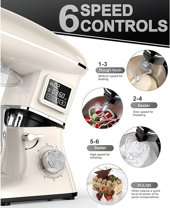 Stand Mixer with LED Display & Timer 6.5QT Stainless Steel Bowl, 1350W 6-Speeds Electric Kitchen Stand Up Mixer for Baking Cakes Cookie Bread Salad Food with Egg Whisk, Dough Hook, Beater - White