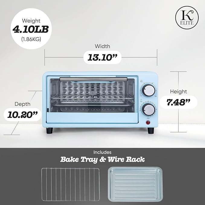 Kitchen Elite 4-Slice Countertop Toaster Oven, Stainless Steel Tray, Blue