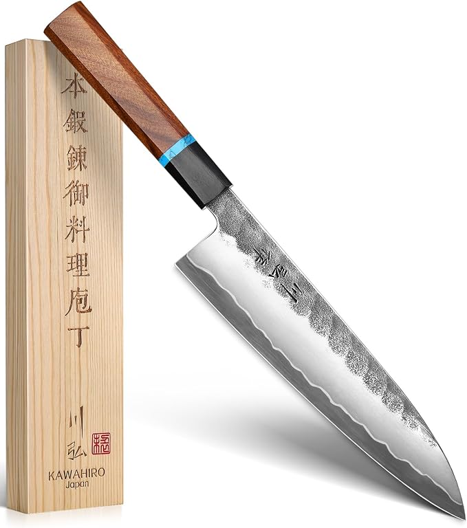8.27 Inch Japanese Chef Knife, Hand-Forged VG10 for Precise Cuts | Hand-sharpened edge, distal taper, balanced octagonal wood handle, black-forged finish, red velvet-lined wooden gift box