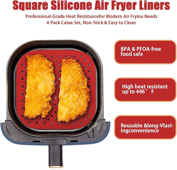 8.5" Reusable Square Silicone Air Fryer Liners Silicone Baking Mat | 6 Pack Calue Set, Non-Stick & Easy to Clean