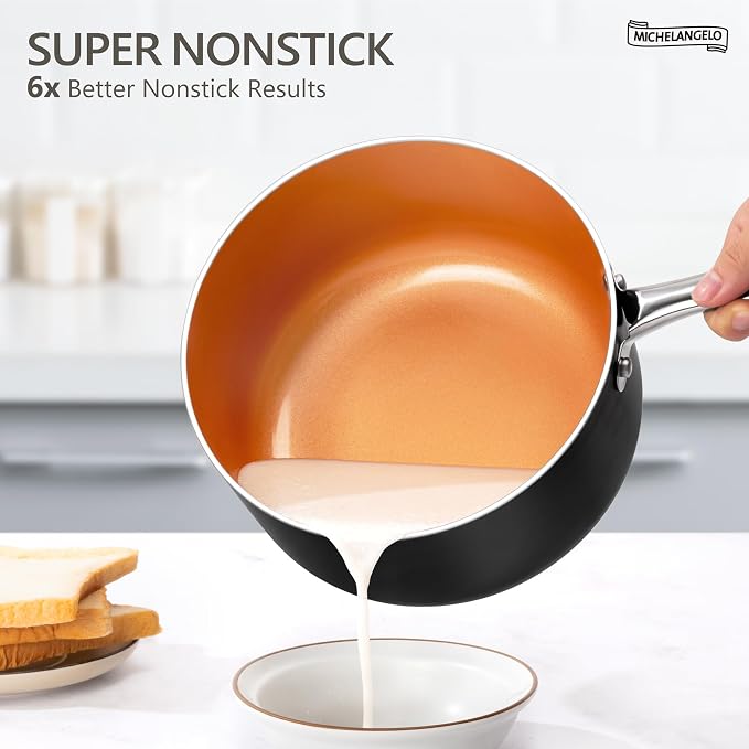 MICHELANGELO Nonstick 2 Quart Sauce Pan with Lid, Ultra-Nonstick Copper Sauce Pot 2 Qt, Ceramic Saucepan with Lid, Small Pot with Ergonomic Handle, Induction Compatible, Oven Safe