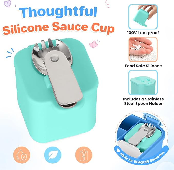 Bento Box for Kids, Lunch Box with Thermo(9oz Food Jar), Silicone Sauce Cup, Stainless Steel Spoon & Removable Divider, Kids Lunch Box Set for Girls Boys Back to School, Blue