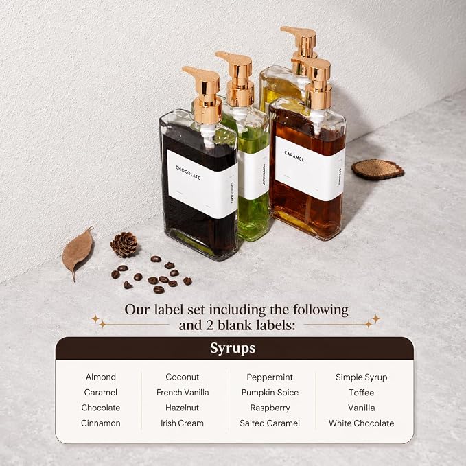 Glass Coffee Syrup Dispensers with Pumps, Syrup Bottles with Label Set - Essential Coffee Bar Accessories, 11.8 oz/350ml, Set of 4
