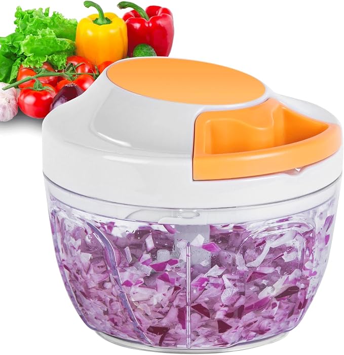 Manual Food Processor & Vegetable Chopper, Hand Pull String Garlic Mincer Onion Chopper Dicer for Salsa Pesto Guacamole, 3 Stainless Steel Blades, 500ml White