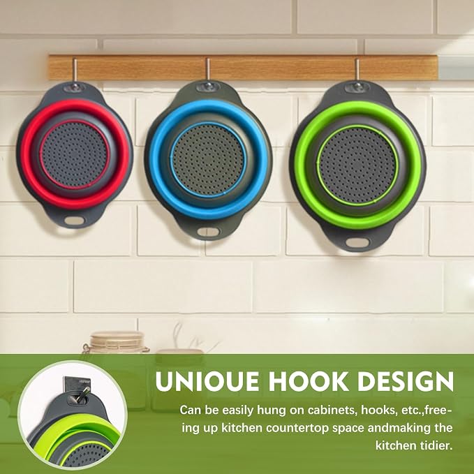Collapsible Colander Set, 3 Pack Silicone Strainers for Kitchen-BPA Free Space Saving Design Dishwasher Safe Over Home Draining, Pasta Food Vegetables and Fruits