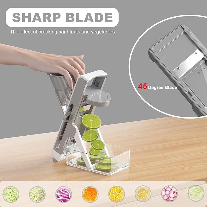 Eletronova Safe Mandoline Slicer for Kitchen, Vegetable Slicer with Container, French Fry Cutter, All in 1 Julienne Slicer for Potato, Thickness Adjustable, Detachable Blade (Gray)