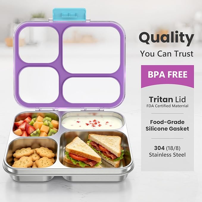 HOMEKOL Stainless Steel Bento Lunch Box, 4 Cups, Purple | 4-Compartment Leak-Proof Metal Lunch Container for Kids & Adults, BPA/BPS-Free, Dishwasher Safe, Clear Lid, (Not Insulated)