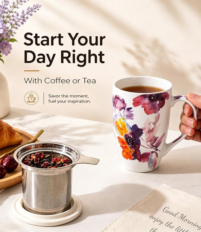 AmorArc Tea Cup With Infuser and Lid, 18oz Loose Leaf Tea Mug With Steeper | Porcelain Tea Mug With Infuser and Lid, Strainer Tea Cup for Tea Lovers, Home & Office, Housewarming Birthday Gift