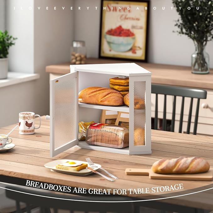 STDDRE Corner Bread Box Kitchen Countertop Extra Large Capacity Farmhouse Bread Box, Corner Countertop Storage, Double Layer Bread Holder (White, Large)