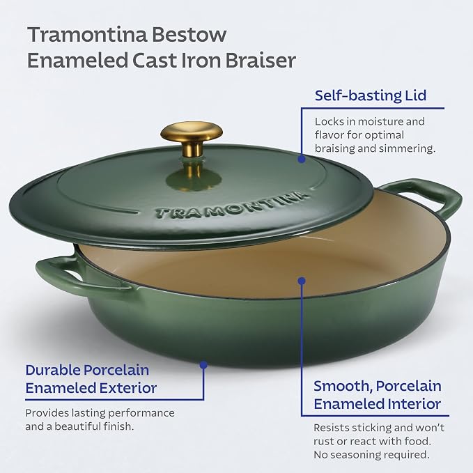 Tramontina Bestow Enameled Cast Iron 4-Qt Braiser Pan with Lid, Cactus | Oven-to-Table Casserole Dish, Great for Shallow Braises & Simmers
