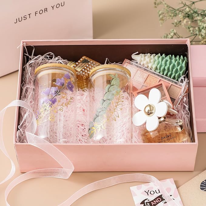 NETANY 1 Pack Glass Cups with Bamboo Lids and Straws 16 oz, Gifts for Women, Drinking glasses set, Iced Coffee, Tea Cup, Cute Aesthetics Tumbler Cup, Mothers Day, Birthday Gifts for Her Mom