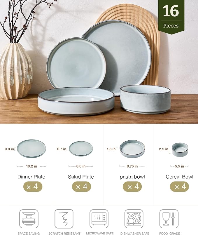 Famiware Annecy 16-Piece Stoneware Plates and Bowls, Grey Blue | Reactive Glaze Dinnerware Set with Pasta Bowls, Service for 4 - Chip & Scratch Resistant, Microwave & Dishwasher Safe