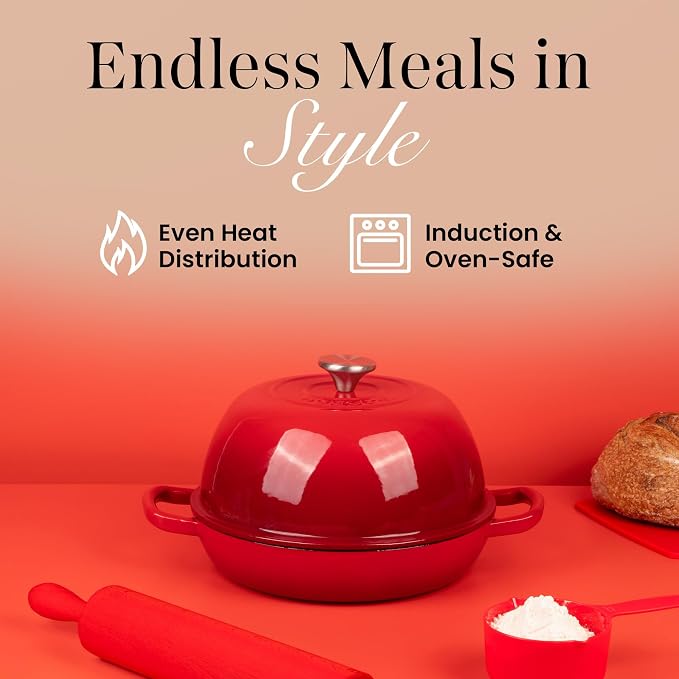 Enamelled Cast Iron Dutch Oven Pot – Dutch Oven For Sourdough Bread Baking – Cast Iron Bread Pot – Red, 6 Quarts, 26cm – by Nuovva